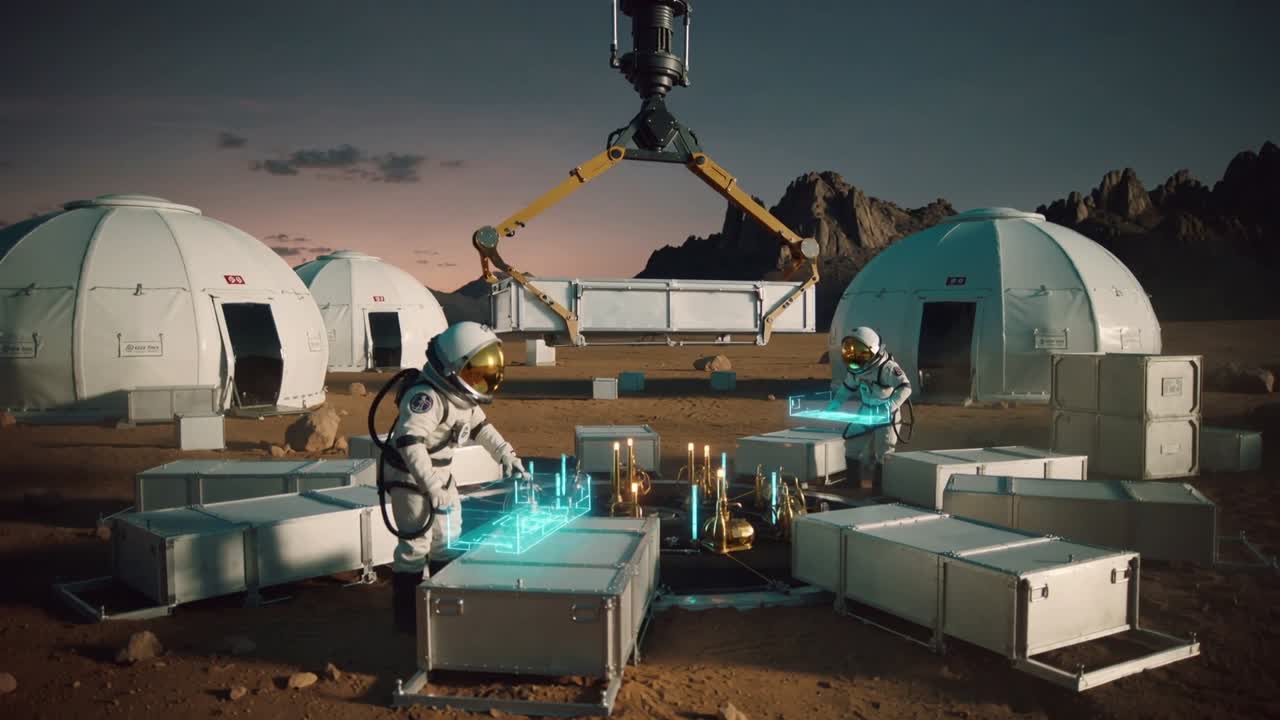 Lowering payload, two suited crew aligning ports on plain, integrating module using crane holograms