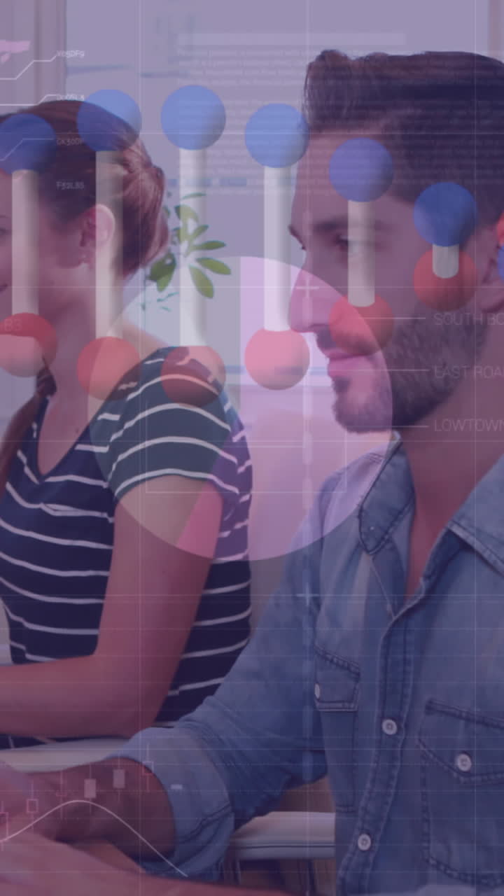 animación de cadenas de adn y estadísticas, procesamiento de datos sobre personas de negocios utilizando computadora