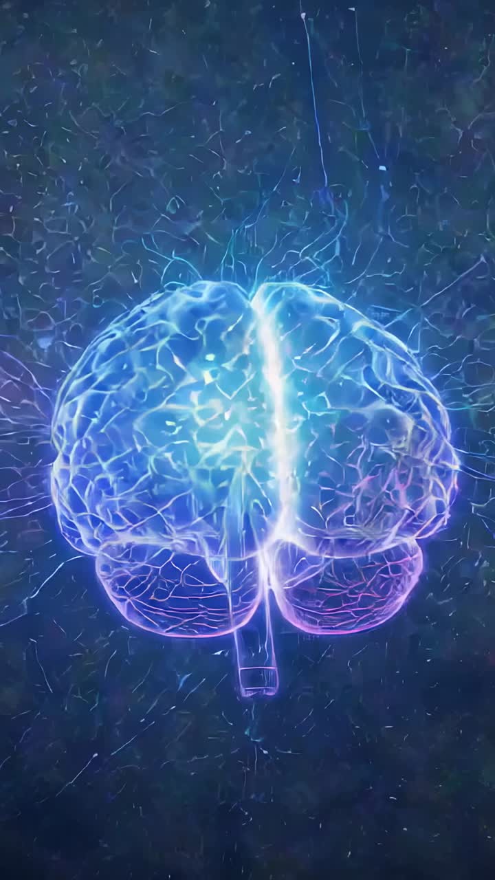 Video verticale: All'inizio, contorno di un cervello al neon fluttuante con filamenti pulsanti e particelle fluttuanti nel vuoto