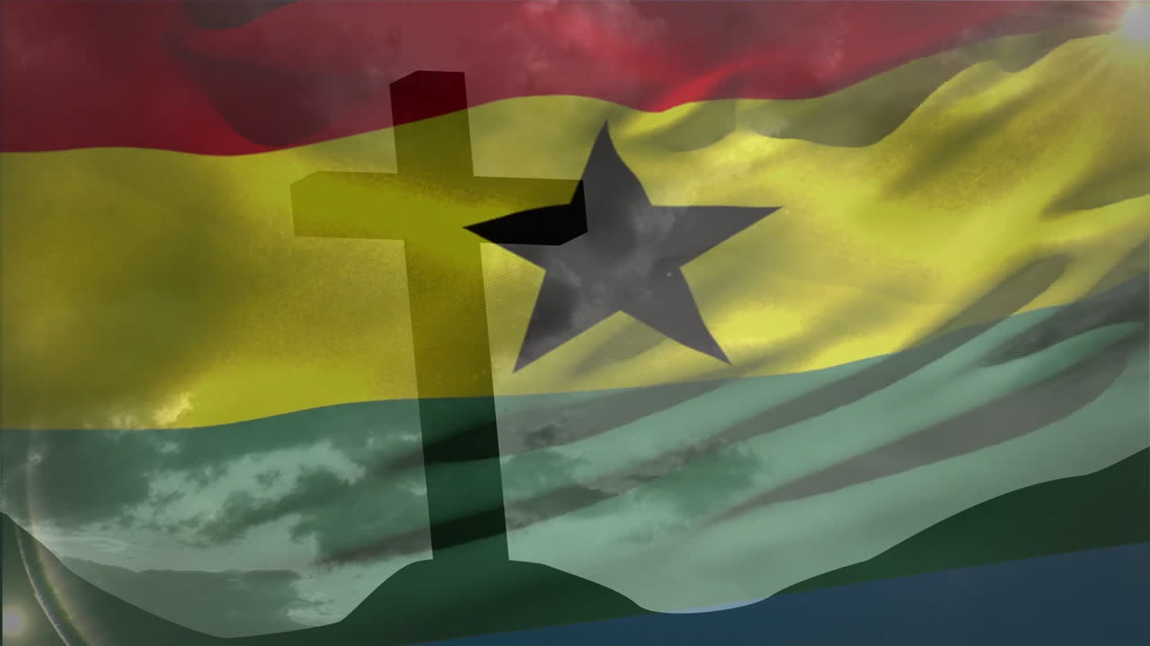 Bandiera del Ghana che sventola con sagoma di croce e nuvole in uno sfondo animato
