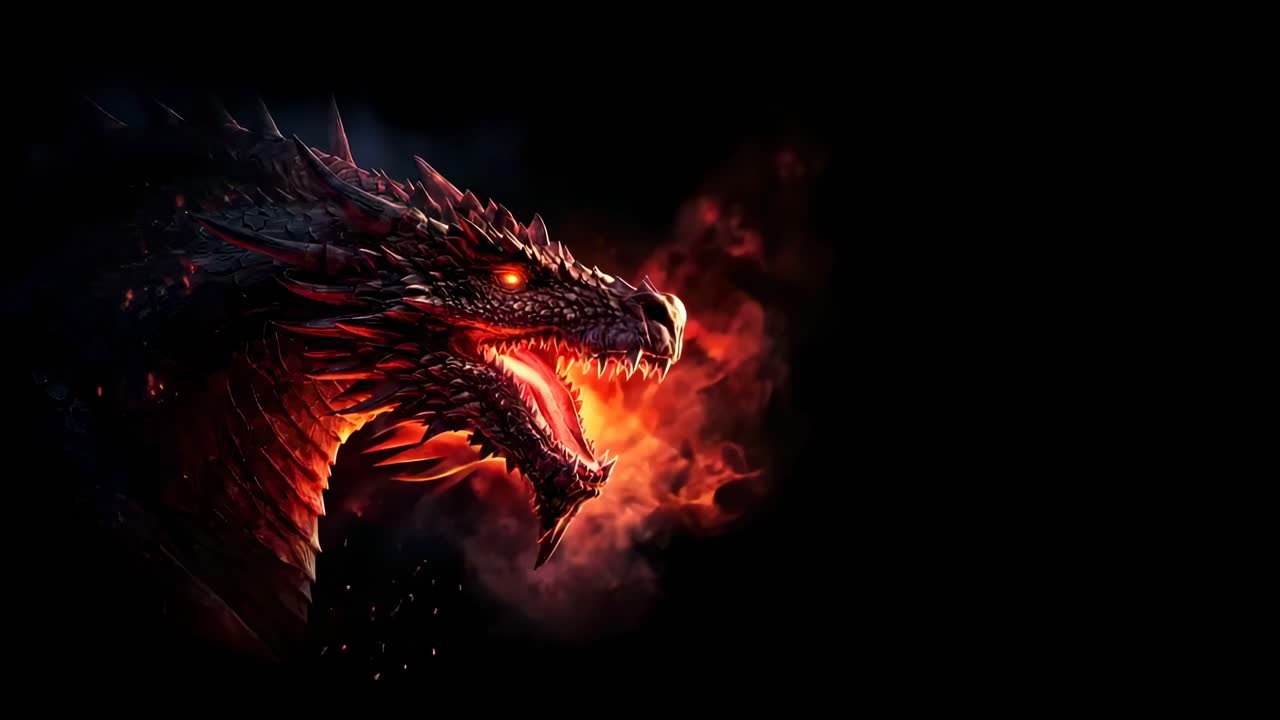A dramatic side-angle shot of a dragon breathing fire, showcasing a fantasy theme