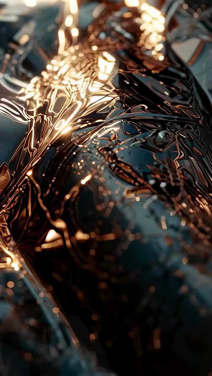 Video verticale: lamiera metallica increspata, luce dall'alto che crea riflessi dorati e rivela delle perle in studio