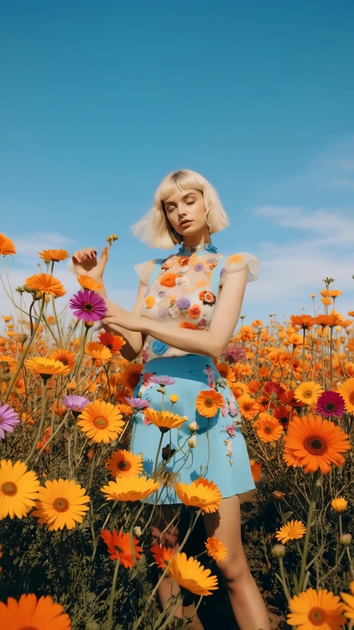 Bella donna in un campo di fiori colorati sotto un cielo blu