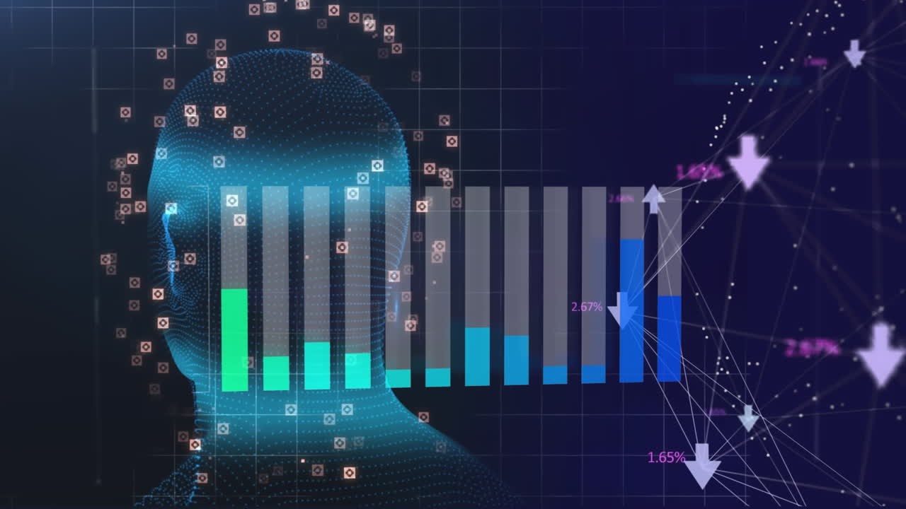 Animation of statistical data processing over spinning human head model and globe of digital icons