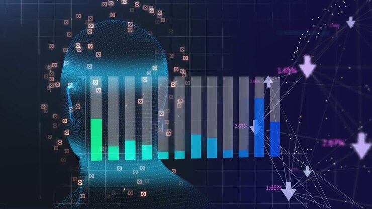 Animation of statistical data processing over spinning human head model and globe of digital icons