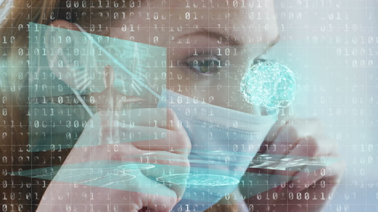 animación del procesamiento de datos sobre una mujer caucásica que lleva una máscara facial