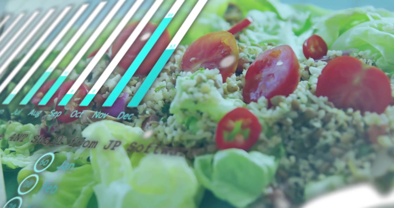 Barre scorrevoli di codice, grafico a torta che svanisce, mappa di nodi collegati su un piatto da insalata che mostra la nutrizione