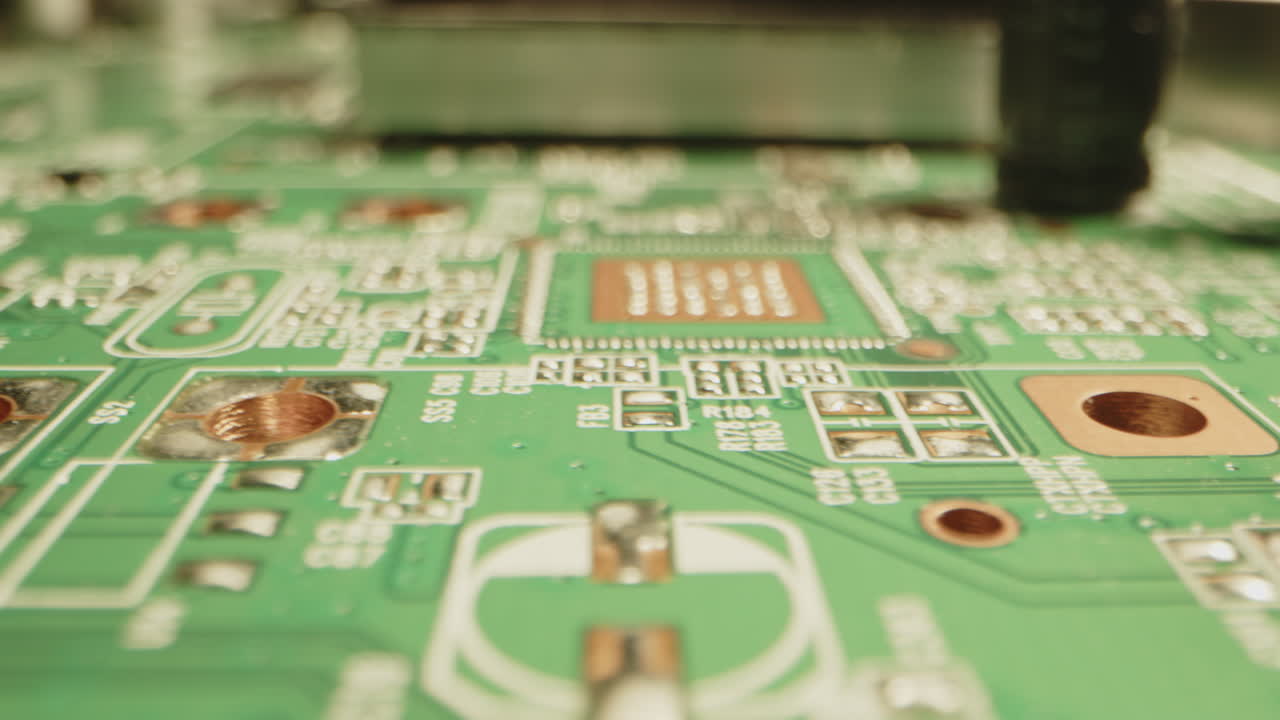 Beautiful macro dolly of microchips and diodes on a printed circuit board