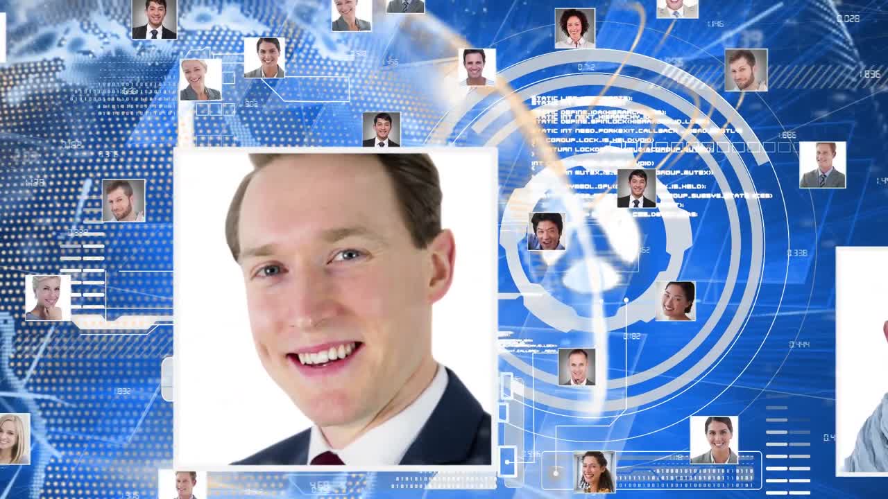 스 ⁇  스캐닝과 파란색에 데이터 처리를 통해 사람들의 초상화의 회전 지구의 애니메이션