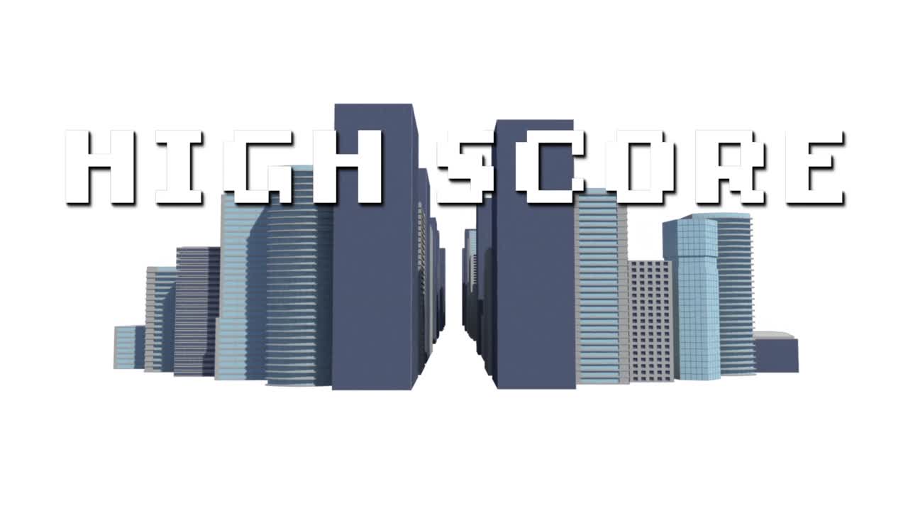Animation of high score text over digital cityscape