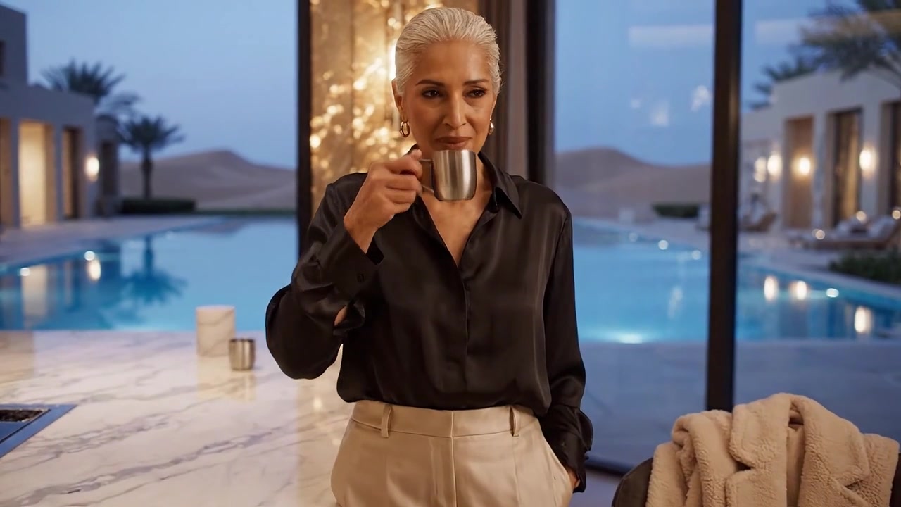 Donna elegante in piedi con grazia in una cucina di lusso, che mostra sofisticazione e serenità mentre si affaccia su una piscina serena e un paesaggio desertico sullo sfondo.