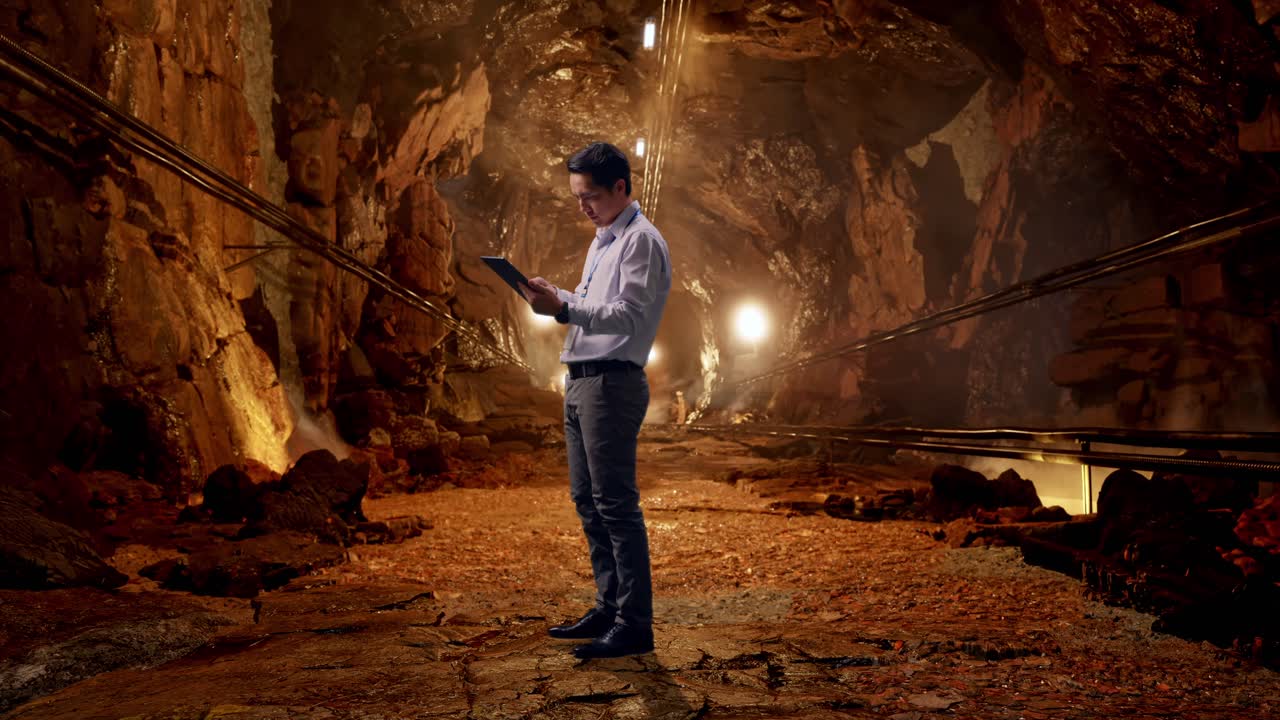 Full Body Side View Of An Asian Male Professional Worker Standing With His Tablet In Underground Mine Tunnel, Working Continuously With His Tablet