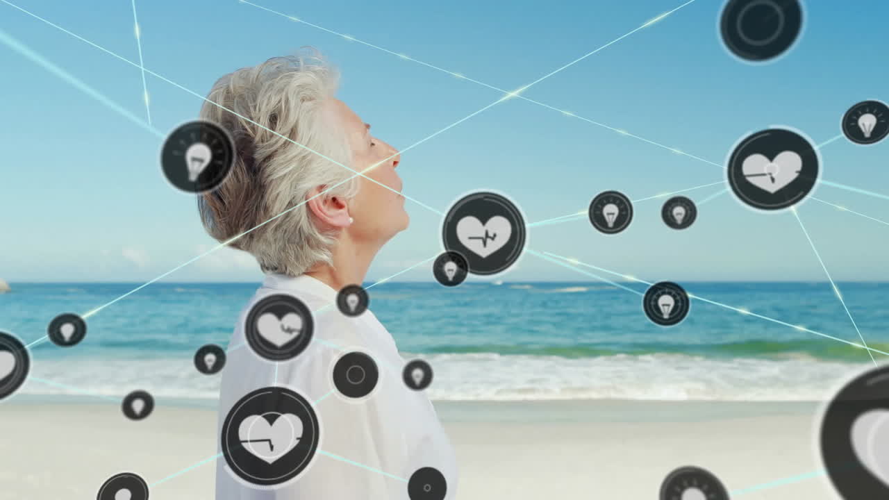 アニメーション ネットワークのつながり 心のアイコン ビーチでリラックスする白人の女性