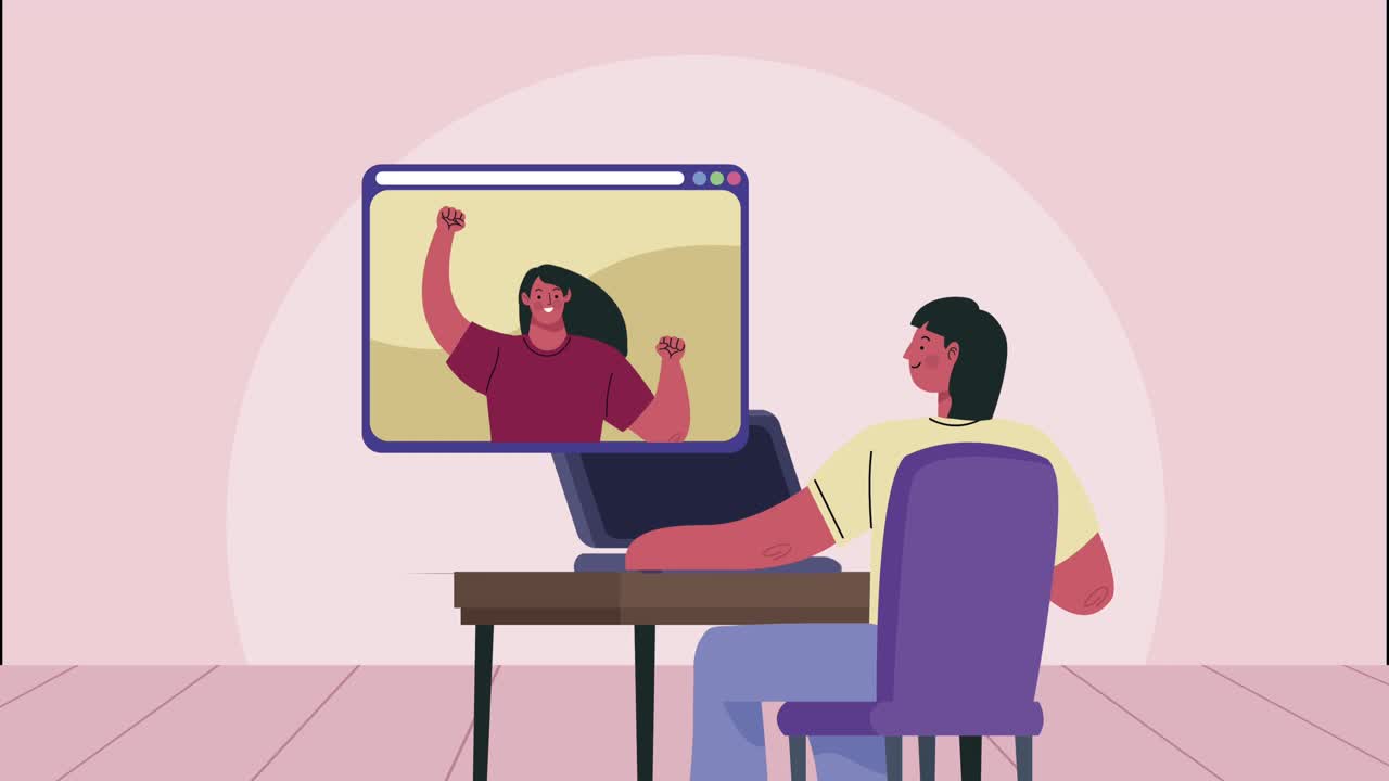 video conference animation with couple and laptop