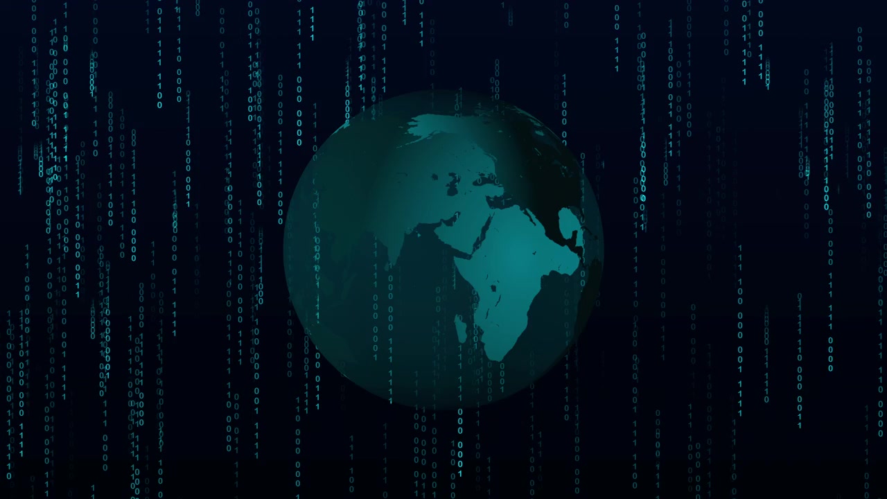 Globo terrestre rotante con flusso di dati in codice binario