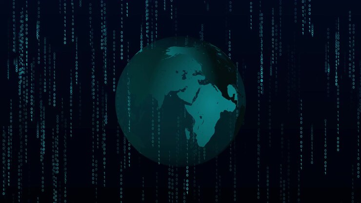 Globo terrestre rotante con flusso di dati in codice binario