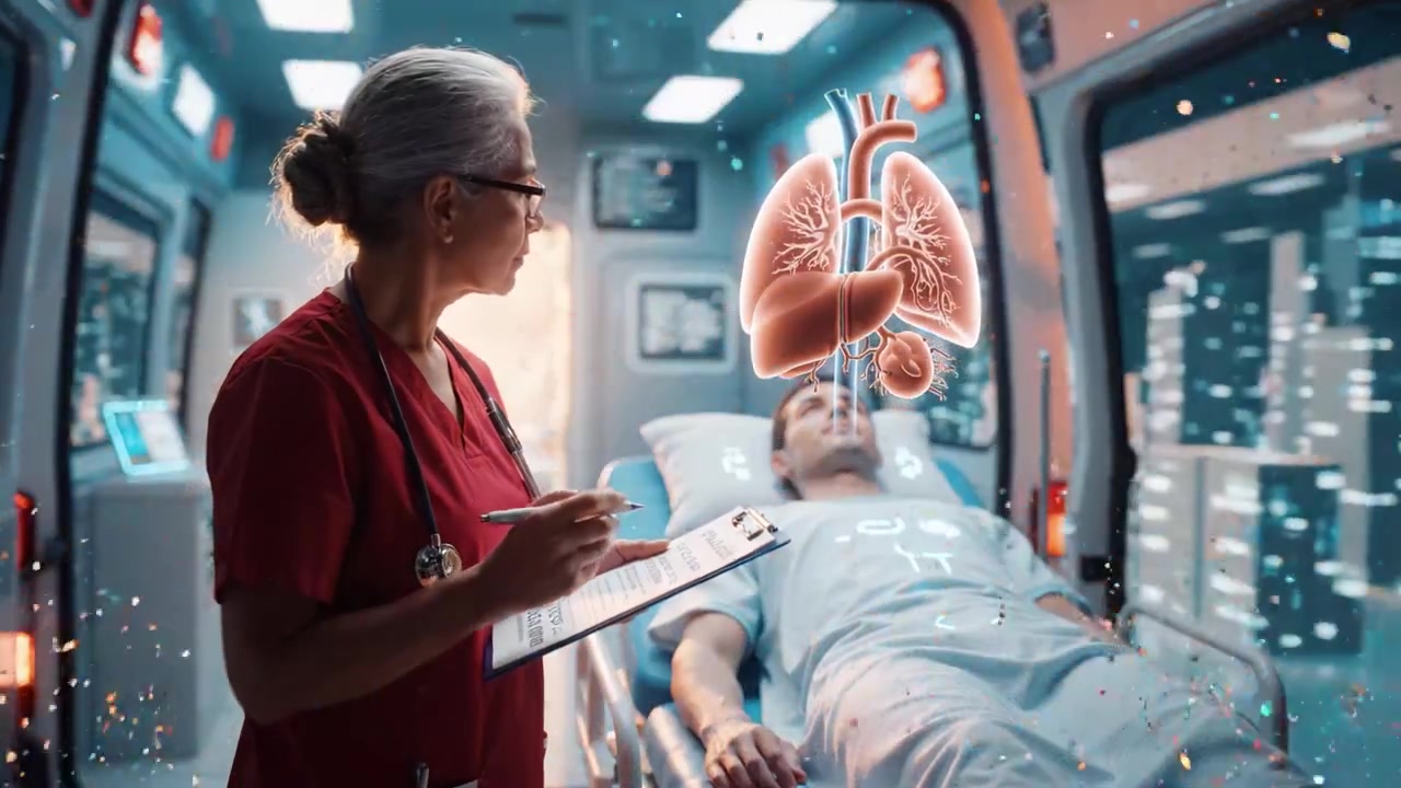 Medical Professional Evaluates Patient Condition with Advanced Technology in Ambulance, Highlighting Cardiac and Pulmonary Health in Emergency Care Environment
