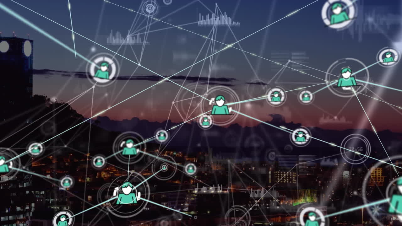 animación de la red de conexiones con iconos y procesamiento de datos sobre el paisaje urbano