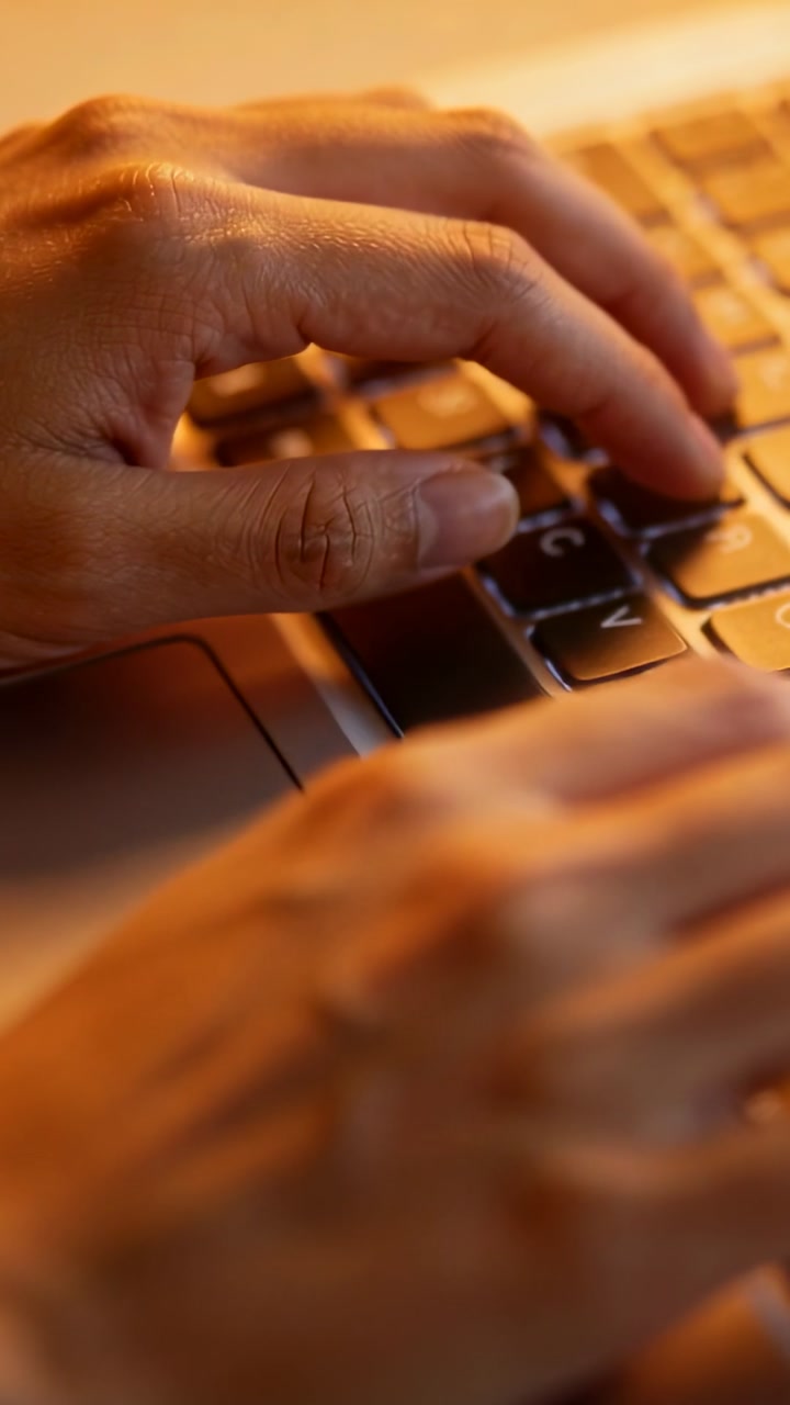 Vertical video: Typing hands moving across laptop keyboard at desk after fingertip poised for work