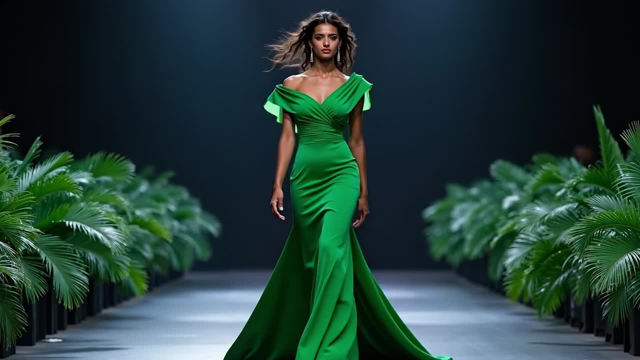 녹색 드레스 를 입은 여자 가 활주로 를 고 있다