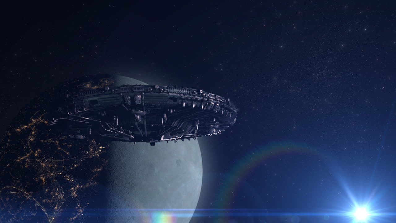 Spaceship over a planet with city lights