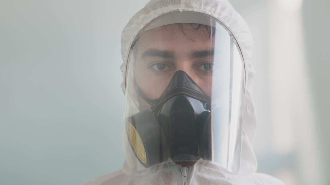 Person in Hazmat Suit with Respirator and Face Shield