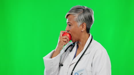 Doctor,-thumbs-up-and-apple-portrait-on-green