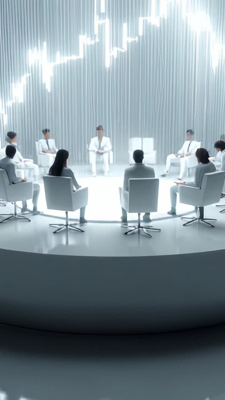 A group of individuals in white attire attentively participates in a high-tech conference, surrounded by an airy, minimalist environment brimming with digital elements
