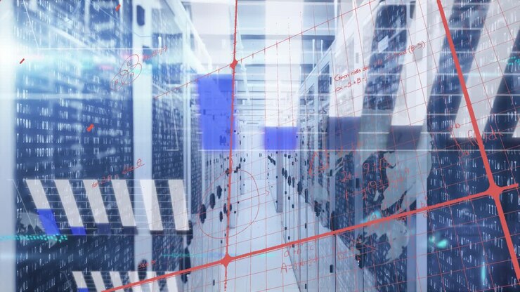 Network of connections over server room digital server room against red technology background