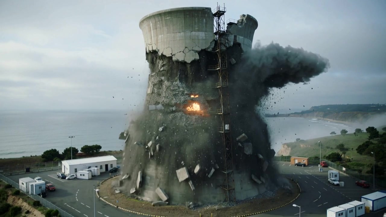 Torre de resfriamento desabando ejetando painéis após detonação interna em penhasco costeiro, com escada
