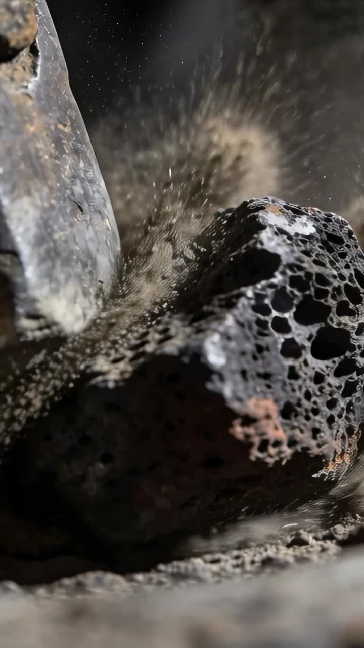 Video verticale: Strumento che colpisce la pomice su un vassoio, espellendo polvere e schegge per scopi geologici.