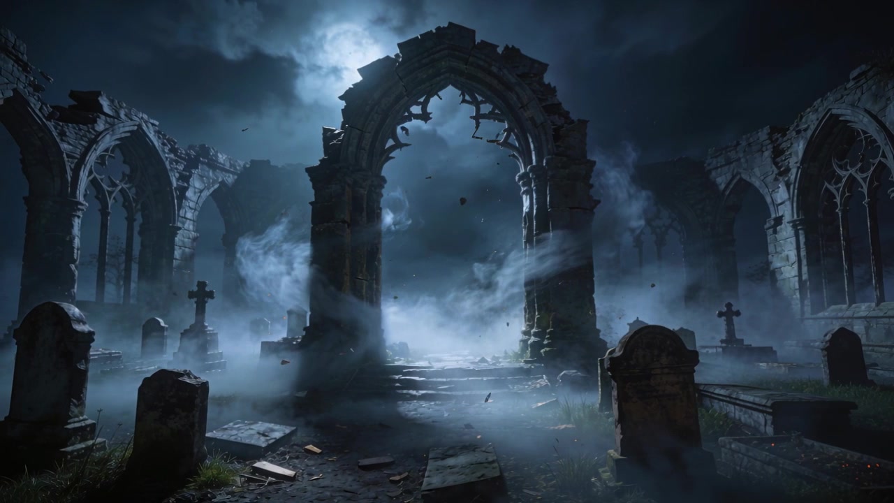 Lua iluminando e revelando um arco gótico em ruínas emoldurando degraus em um cemitério, vento forte levantando névoa.