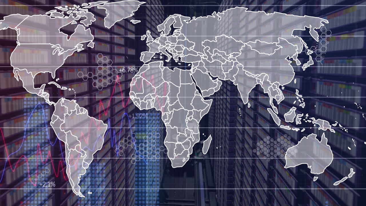 Animation of map and circuit board pattern over aerial view of equipment in warehouse