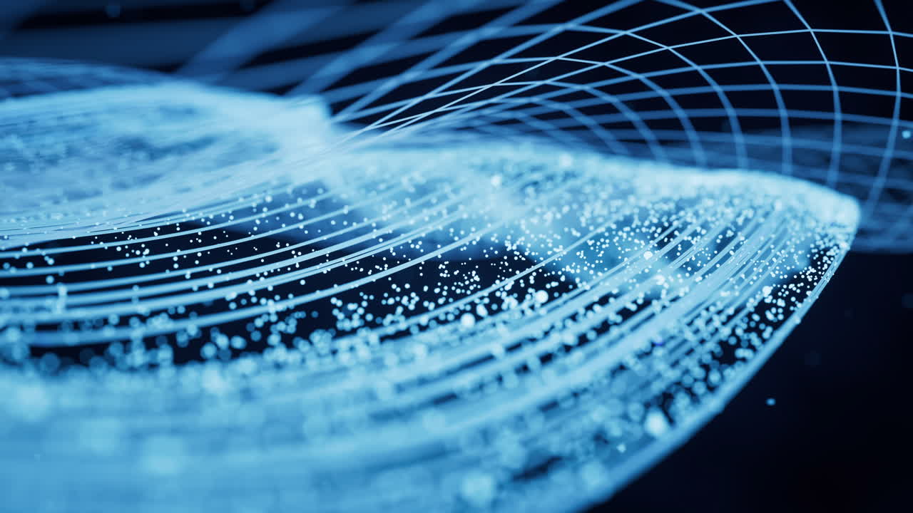 Flowing particles with glowing lines, 3d rendering.