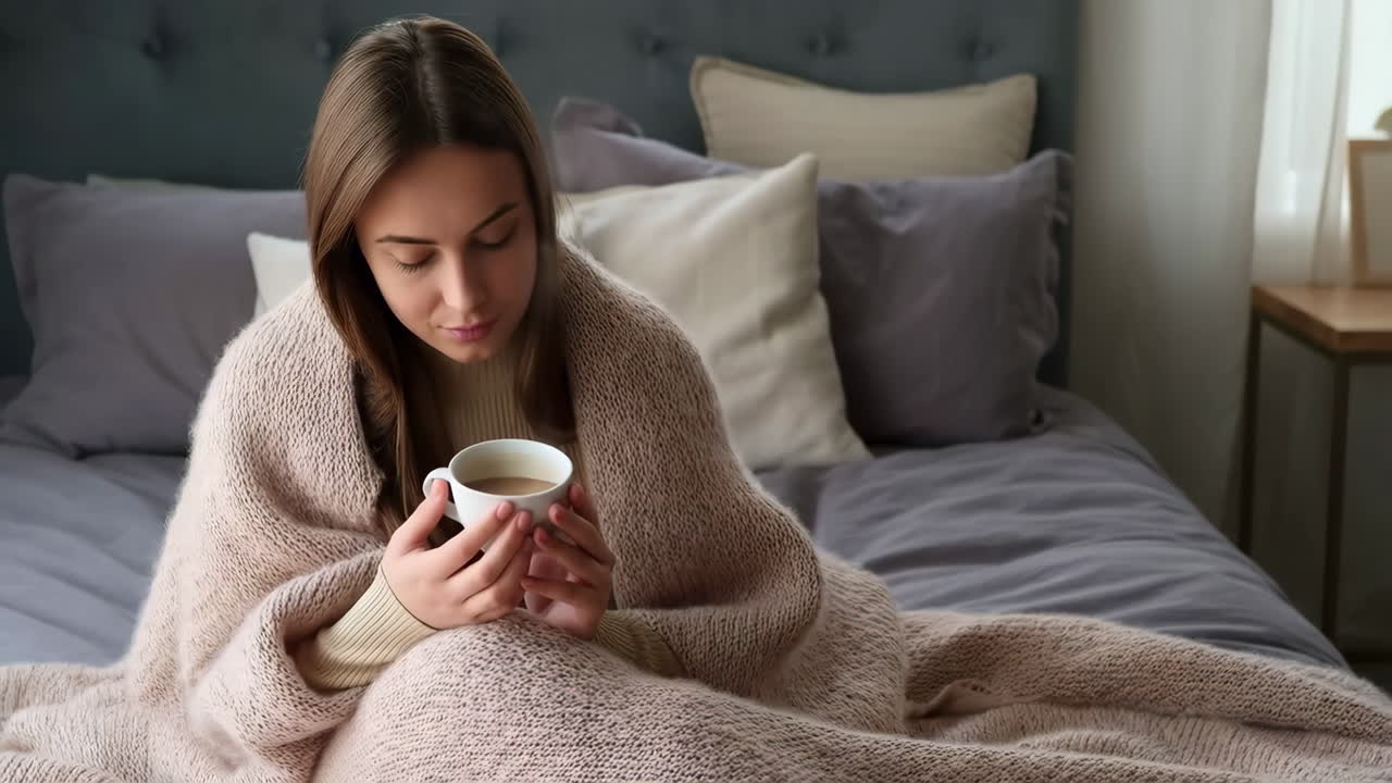 Giovane donna avvolta in una coperta che si gode una bevanda calda a letto