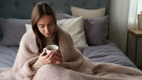 young woman wrapped in a blanket enjoying a warm drink in bed