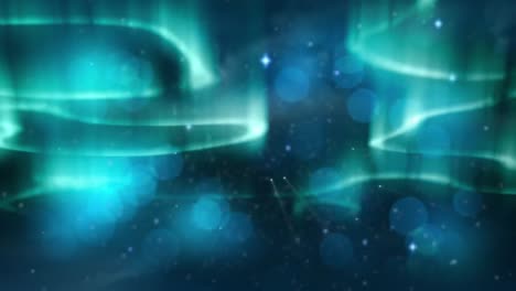 Animation-Von-Grünen-Und-Blauen-Aurora-Borealis-Lichtern-Und--Punkten,-Die-Sich-Am-Leuchtenden-Himmel-Bewegen