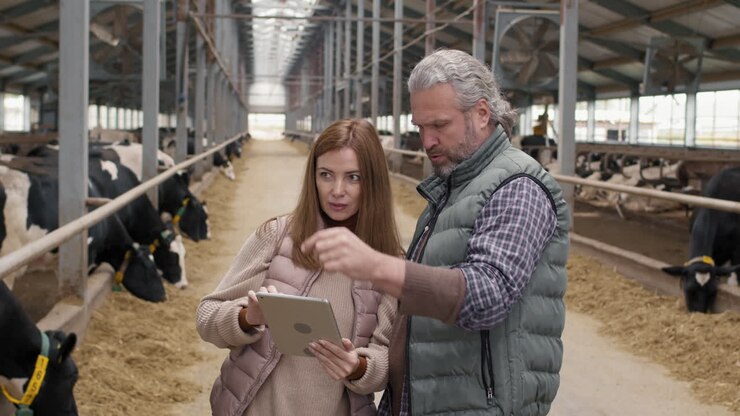 Young Woman and Middle-Aged Man at Dairy Farm