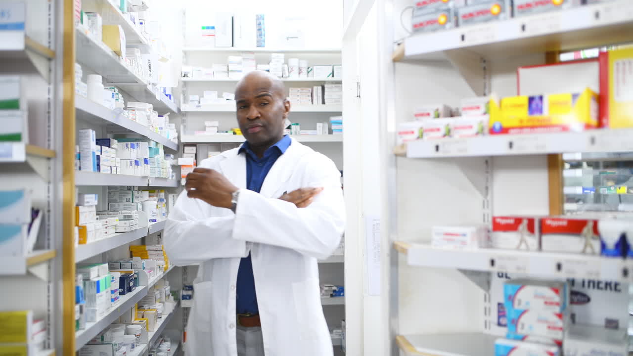 un pharmacien regardant les produits sur l'étagère