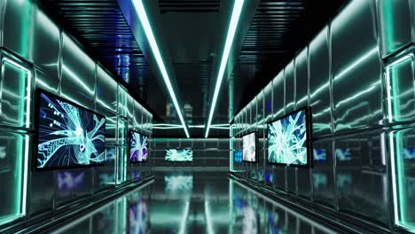 futuristic tunnel with digital art screens