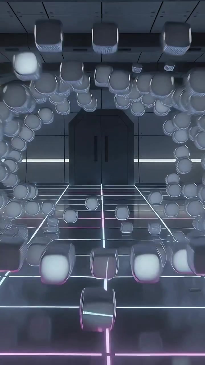 Video verticale: Cubo luminoso che invia blocchi in un anello, che si attaccano e poi svaniscono, rivelando una porta in un laboratorio