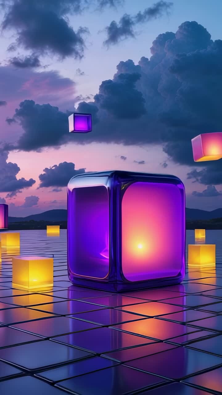 Video verticale: cubi giallo-viola in ascesa che fluttuano sopra una griglia su un lago vicino a un cubo centrale al crepuscolo
