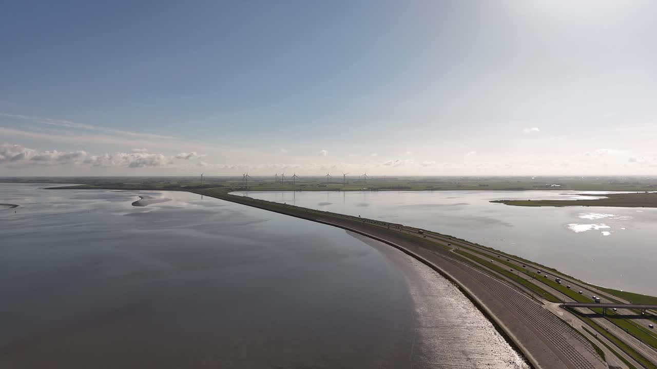 Aerial View of Dutch Coastal Road and Wind Farm
