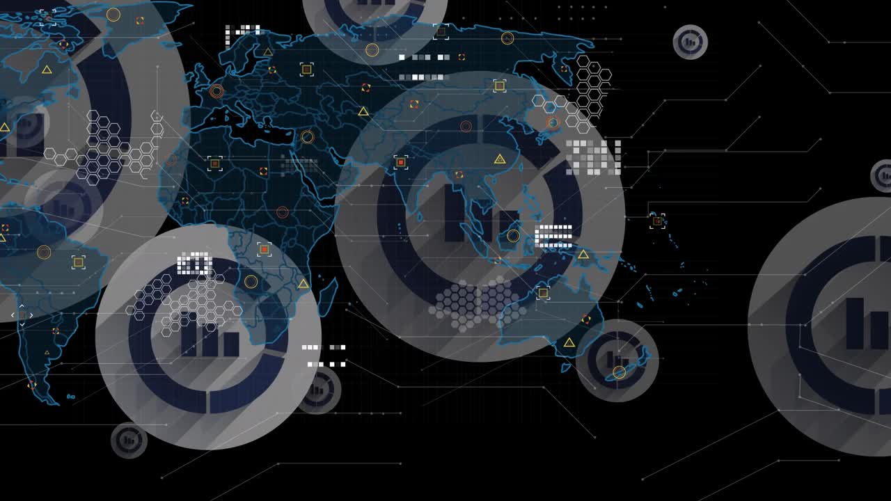 Animation of data processing with world map over black background