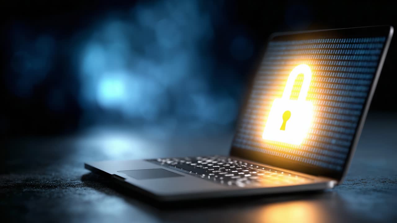 Illustration of Cybersecurity with a Laptop Displaying a Lock Icon Surrounded by Binary Code, Emphasizing Digital Protection and Data Security Concepts