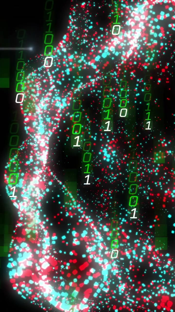 Animatie van digitale gegevensverwerking met binaire code over een zwevend raster op een zwarte achtergrond
