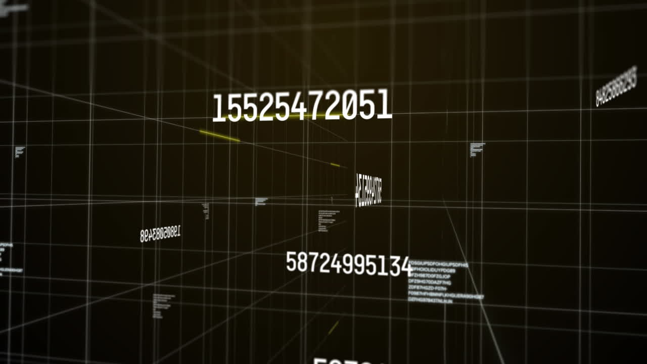 Animation of numbers changing and data processing on black background