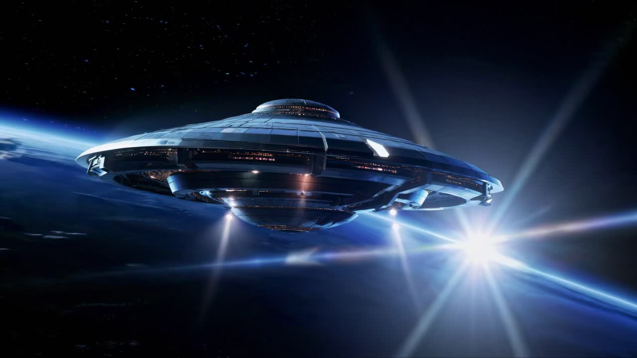 Astronave UFO futuristica nello spazio, ripresa da un'angolazione bassa, in stile cinematografico