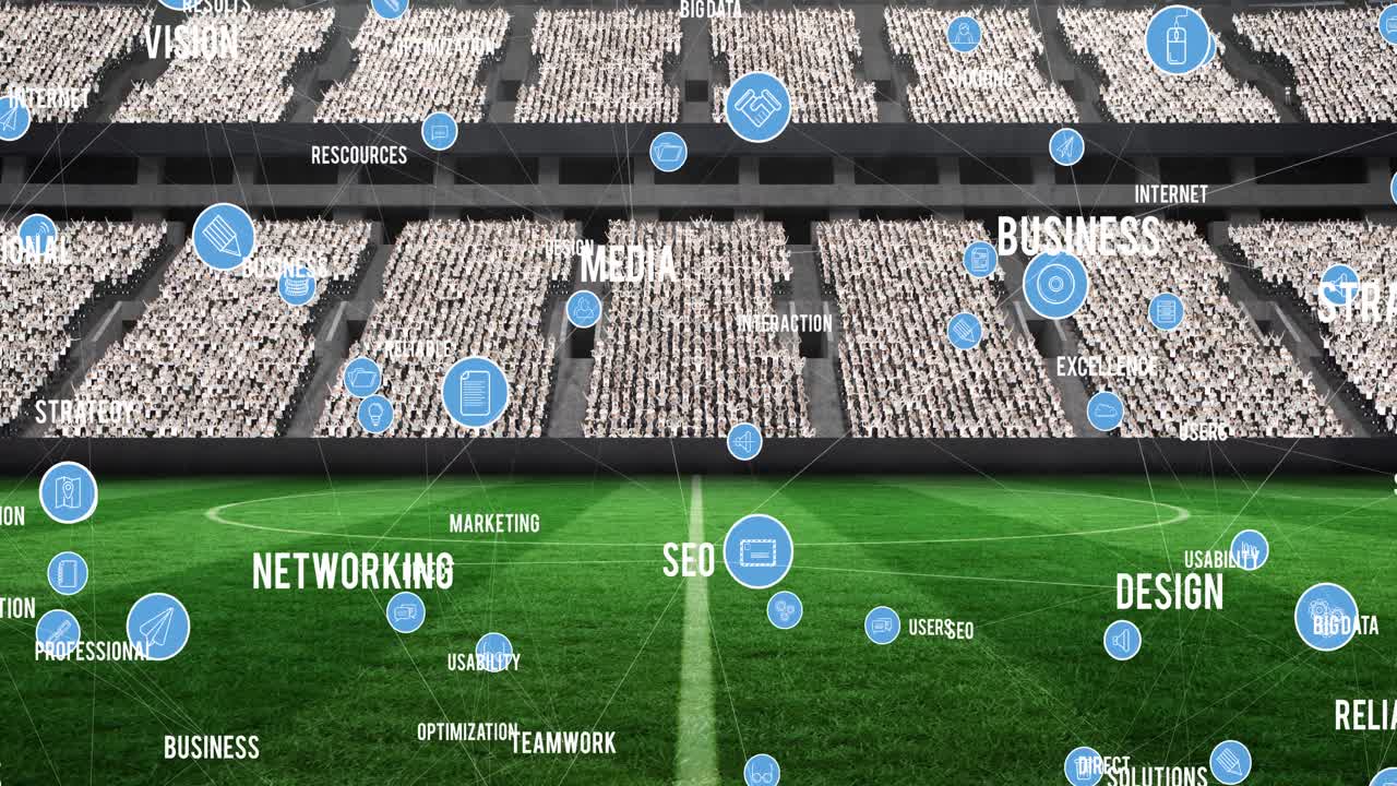 Animation of network of connections and text over empty stands in sports stadium