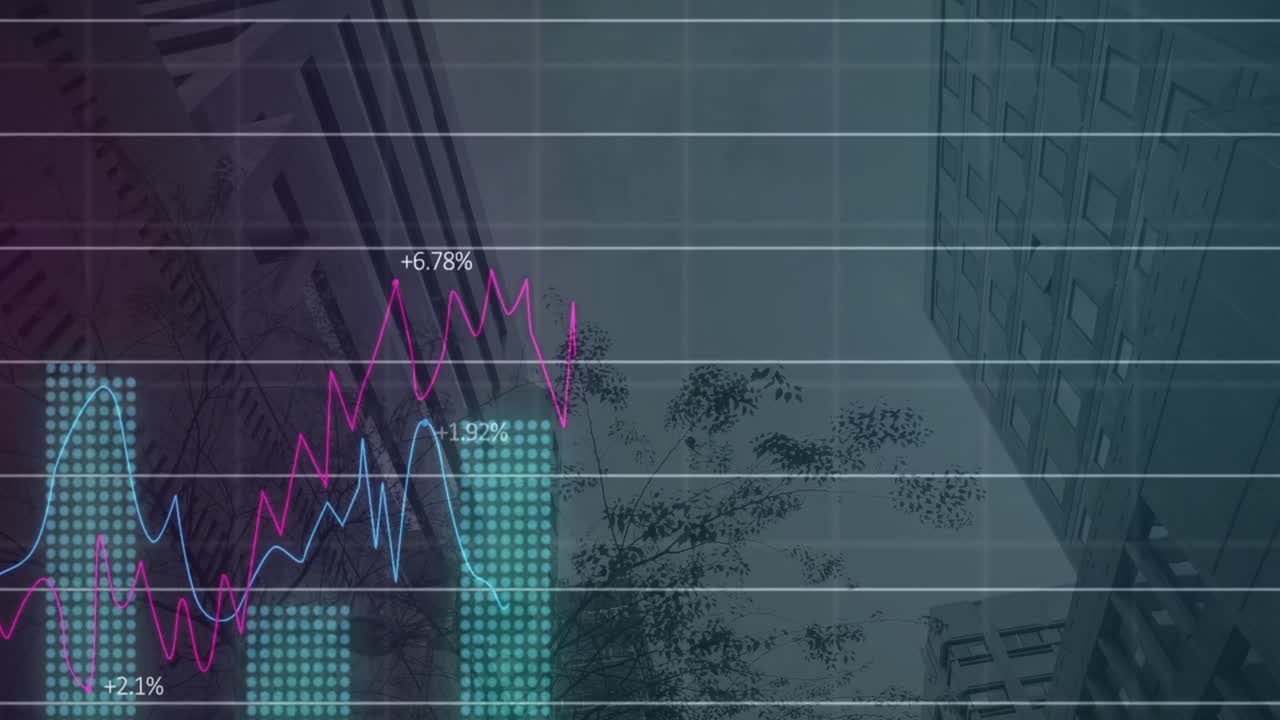 animación del procesamiento de datos estadísticos a través de la red de red contra vista de ángulo bajo de edificios altos